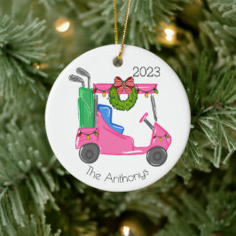 ピンクのゴルフカートのクリスマスオーナメント セラミックオーナメント