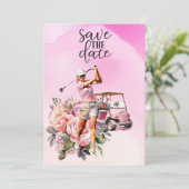 ピンクのゴルフカートを持つ女性ゴルファー 招待状 (スタンド正面)