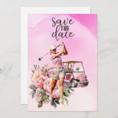 ピンクのゴルフカートを持つ女性ゴルファー 招待状 (正面/裏面)