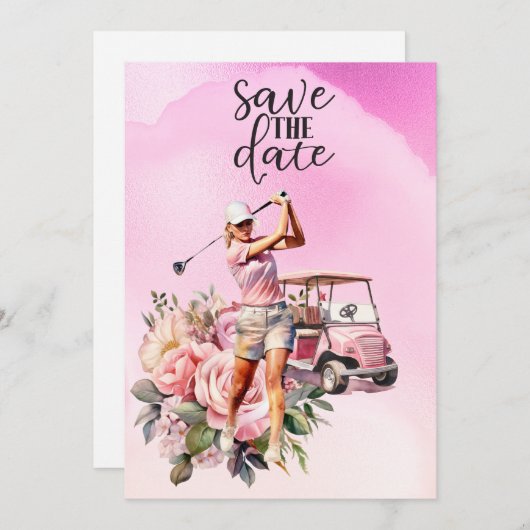 ピンクのゴルフカートを持つ女性ゴルファー 招待状 (正面/裏面)