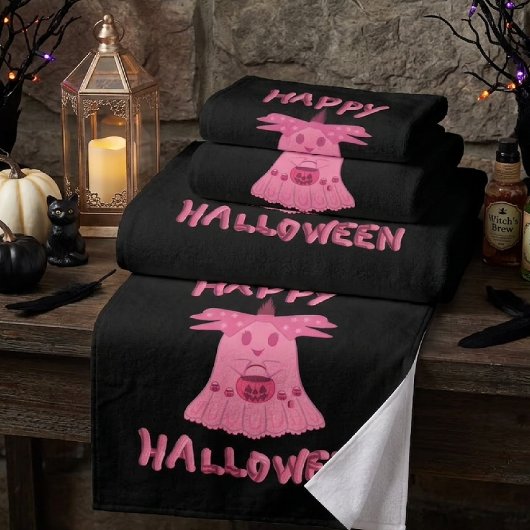 ピンクのゴーストのハロウィン デジタルアート バスタオルセット