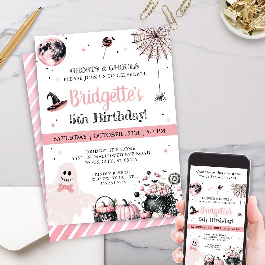 ピンクのゴーストキッズ ハロウィン誕生日パーティー 招待状