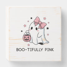 ピンクのゴースト ハロウィン かわいい 怖い 木製ボックスサイン