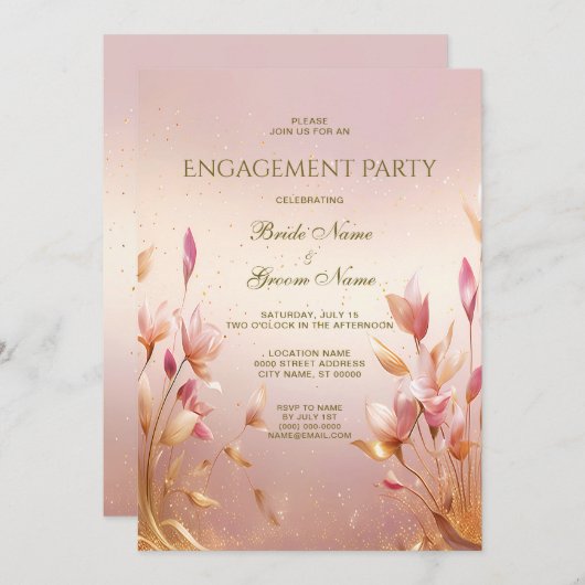 ピンクのゴールドの葉の花のエンゲージメント招待状 招待状 (正面/裏面)