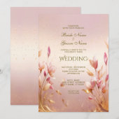 ピンクのゴールドの葉の花の結婚式招待状 招待状 (正面/裏面)