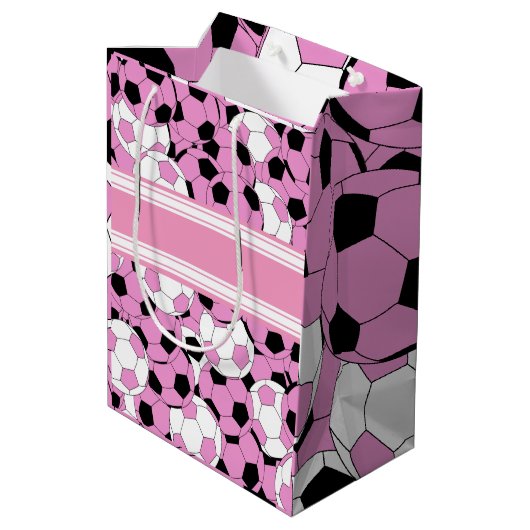 ピンクのサッカーボールのコラージュ ミディアムペーパーバッグ (裏面アングル)