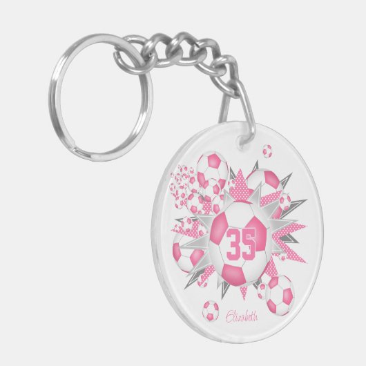 ピンクのサッカーボール吹き出し女の子ジャージー番号 キーホルダー (正面左)