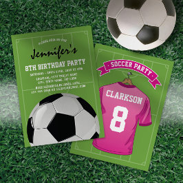 ピンクのサッカーユニフォームのキッズ誕生日パーティー招待状 招待状