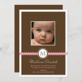 ピンクのサテンリボンとモノグラム出産発表 案内状 (正面/裏面)