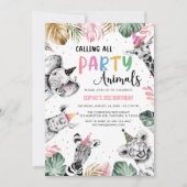 ピンクのサファリが3歳の誕生日にパーティー動物を呼ぶ 招待状 (正面)