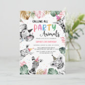 ピンクのサファリが3歳の誕生日にパーティー動物を呼ぶ 招待状 (スタンド正面)
