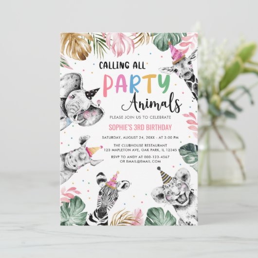 ピンクのサファリが3歳の誕生日にパーティー動物を呼ぶ 招待状 (スタンド正面)