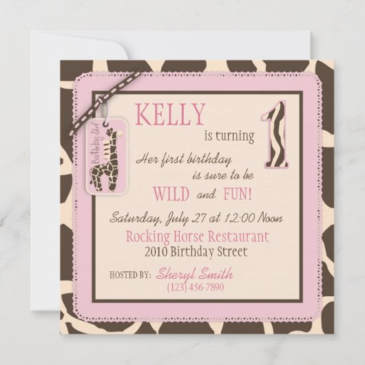 ピンクのサファリのキリン及びカップケーキの最初誕生日 招待状 (裏面)