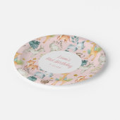 ピンクのサファリの動物の女の子の最初の誕生日 ペーパープレート (アングル)