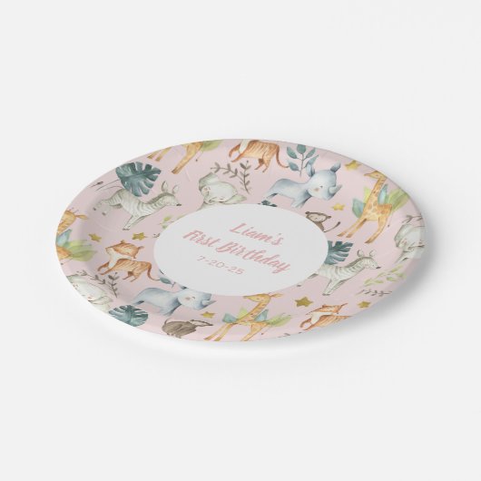 ピンクのサファリの動物の女の子の最初の誕生日 ペーパープレート (アングル)