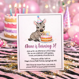 ピンクのサファリゼブラガール5歳の誕生日パーティー 招待状