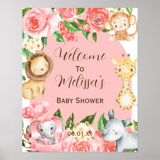 ピンクのサファリテーマ歓迎の看板ポスター ポスター (正面)