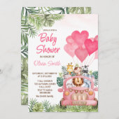 ピンクのサファリ動物のベビーシャワー 招待状 (正面/裏面)