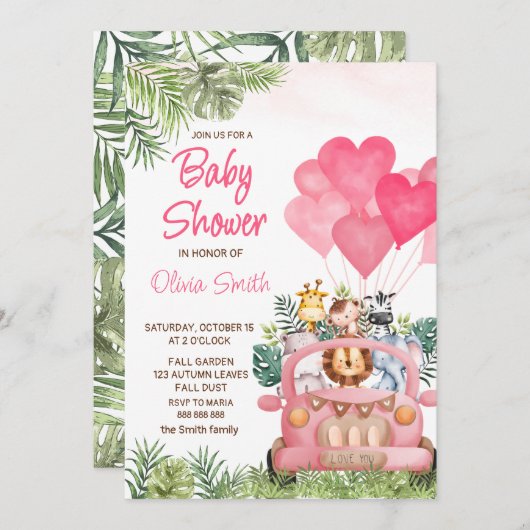 ピンクのサファリ動物のベビーシャワー 招待状 (正面/裏面)