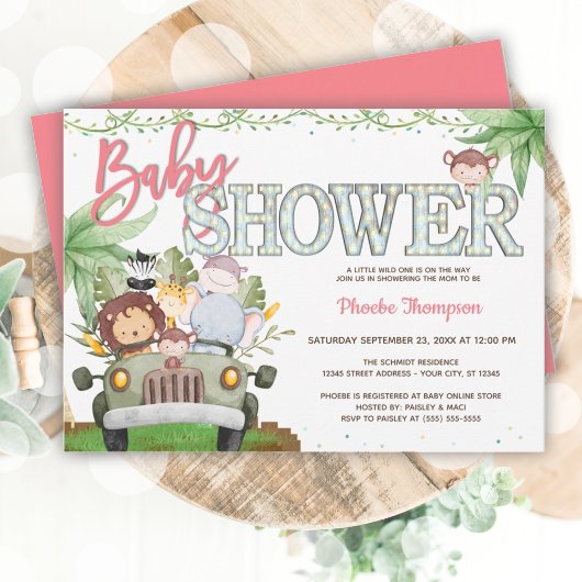 ピンクのサファリ動物ベビーシャワー 招待状