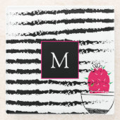 ピンクのサボテンのパタストライプのーン・モノグラム ガラスコースター (正面)