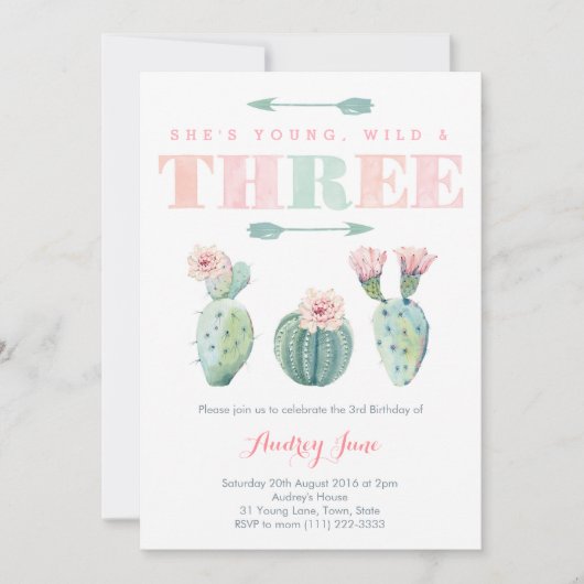 ピンクのサボテンの女の子のための第3誕生日パーティーカード 招待状 (正面)