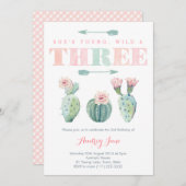 ピンクのサボテンの女の子のための第3誕生日パーティーカード 招待状 (正面/裏面)