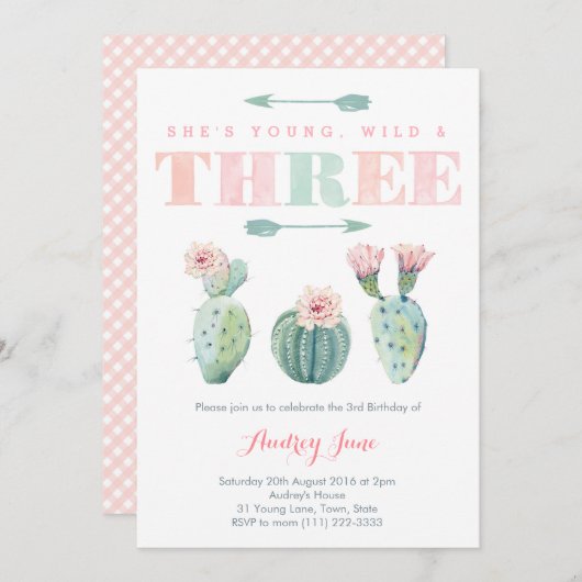 ピンクのサボテンの女の子のための第3誕生日パーティーカード 招待状 (正面/裏面)