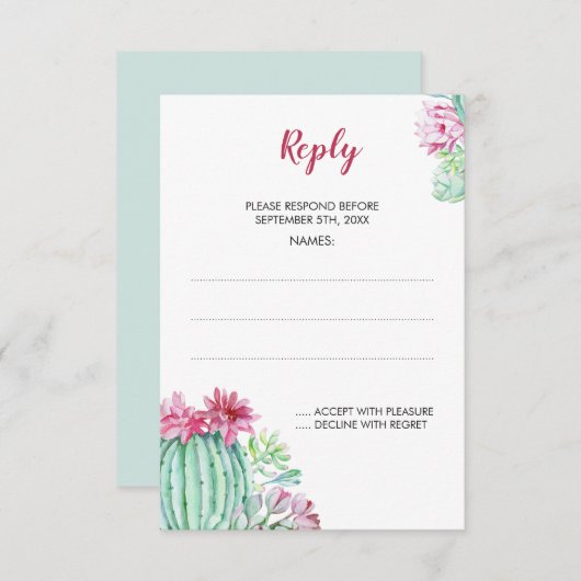 ピンクのサボテンの花結婚は多肉的な返信カード 出欠カード (正面/裏面)