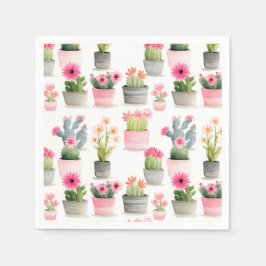 ピンクのサボテン多肉模様の西水色 スタンダードカクテルナプキン