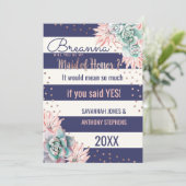 ピンクのサボテン海軍ストライプのばら色の金ゴールドのメイド・オブ・オーナー（花嫁付き添い人） 招待状 (スタンド正面)