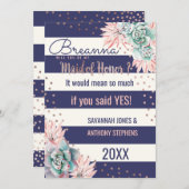 ピンクのサボテン海軍ストライプのばら色の金ゴールドのメイド・オブ・オーナー（花嫁付き添い人） 招待状 (正面/裏面)