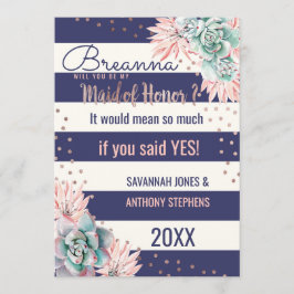 ピンクのサボテン海軍ストライプのばら色の金ゴールドのメイド・オブ・オーナー(花嫁付き添い人) 招待状