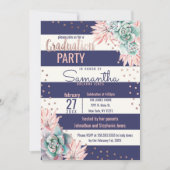 ピンクのサボテン海軍ストライプのばら色の金ゴールドの卒業 招待状 (正面)