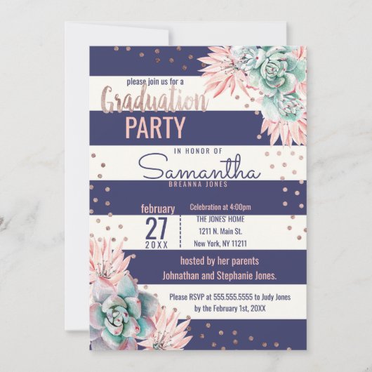 ピンクのサボテン海軍ストライプのばら色の金ゴールドの卒業 招待状 (正面)