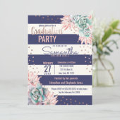 ピンクのサボテン海軍ストライプのばら色の金ゴールドの卒業 招待状 (スタンド正面)