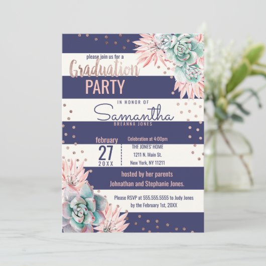 ピンクのサボテン海軍ストライプのばら色の金ゴールドの卒業 招待状 (スタンド正面)