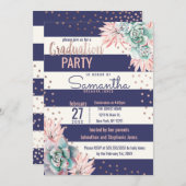 ピンクのサボテン海軍ストライプのばら色の金ゴールドの卒業 招待状 (正面/裏面)