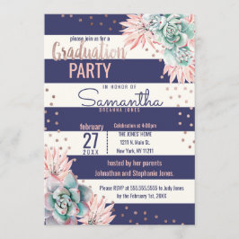 ピンクのサボテン海軍ストライプのばら色の金ゴールドの卒業 招待状