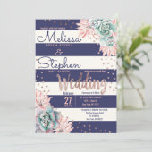 ピンクのサボテン海軍ストライプのばら色の金ゴールドの点の結婚 招待状 (スタンド正面)