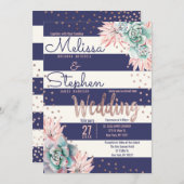 ピンクのサボテン海軍ストライプのばら色の金ゴールドの点の結婚 招待状 (正面/裏面)