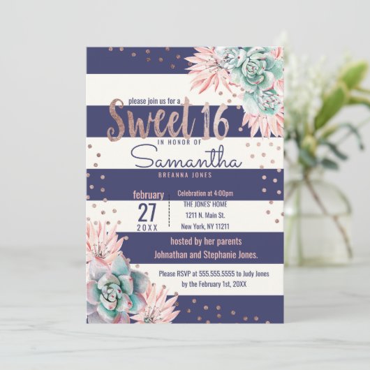 ピンクのサボテン海軍ストライプのバラの菓子16の招待状 招待状 (スタンド正面)