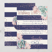 ピンクのサボテン ネイビー ストライプ ローズゴールド ウィッシング ウェル 招待状 (正面/裏面)