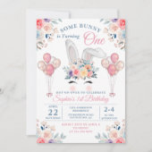 ピンクのサムバニー フラワーバルーン ガール ファーストバースデー 招待状 (正面)