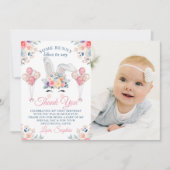 ピンクのサムバニー フラワーバルーン 1歳の誕生日写真 サンキューカード (正面)