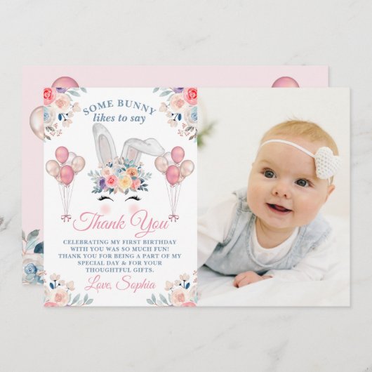 ピンクのサムバニー フラワーバルーン 1歳の誕生日写真 サンキューカード (正面/裏面)