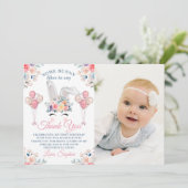 ピンクのサムバニー フラワーバルーン 1歳誕生日写真 サンキューカード (スタンド正面)