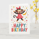 ピンクのサル誕生日カード カード (黄色い花)