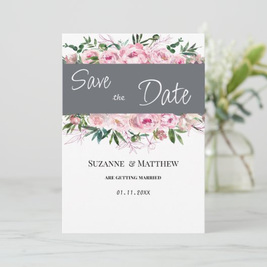 ピンクのサンゴの牡丹フローラ夏の日付を保存 招待状 (スタンド正面)