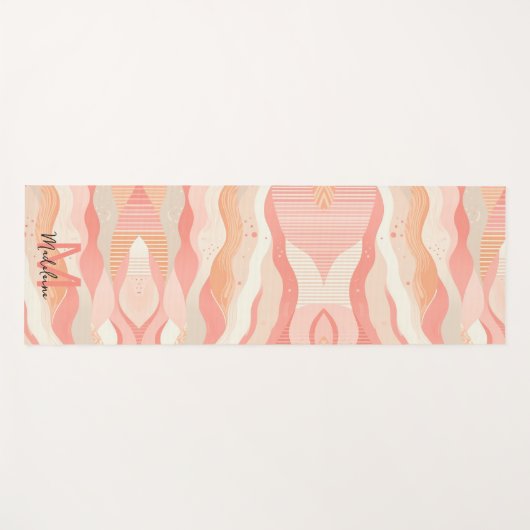 ピンクのサンゴストライプの波のパターン名モノグラム ヨガマット (正面(横))